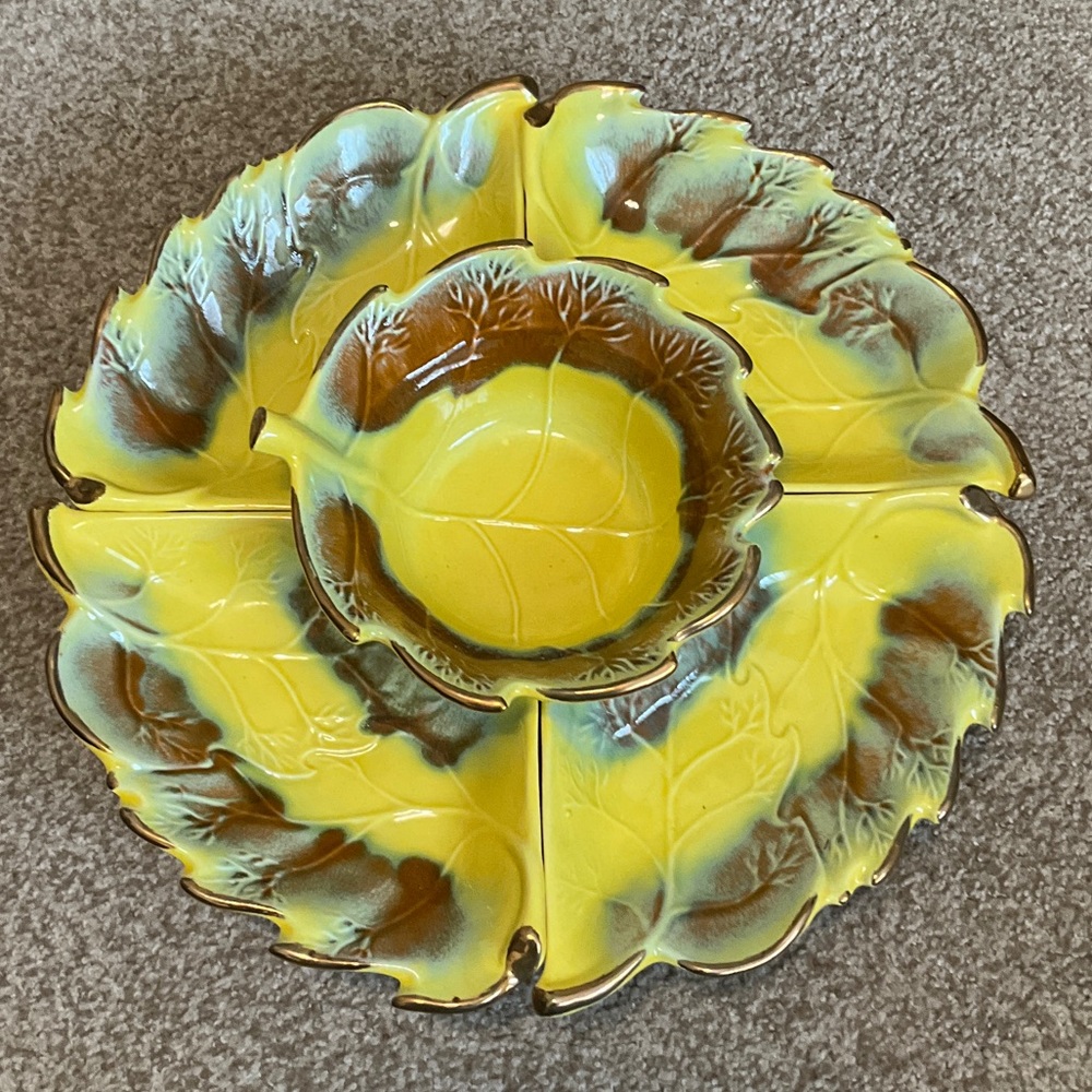 Vintage Leaf-Shaped Ceramic Serving Platter with Center Bowl - Yellow & Brown